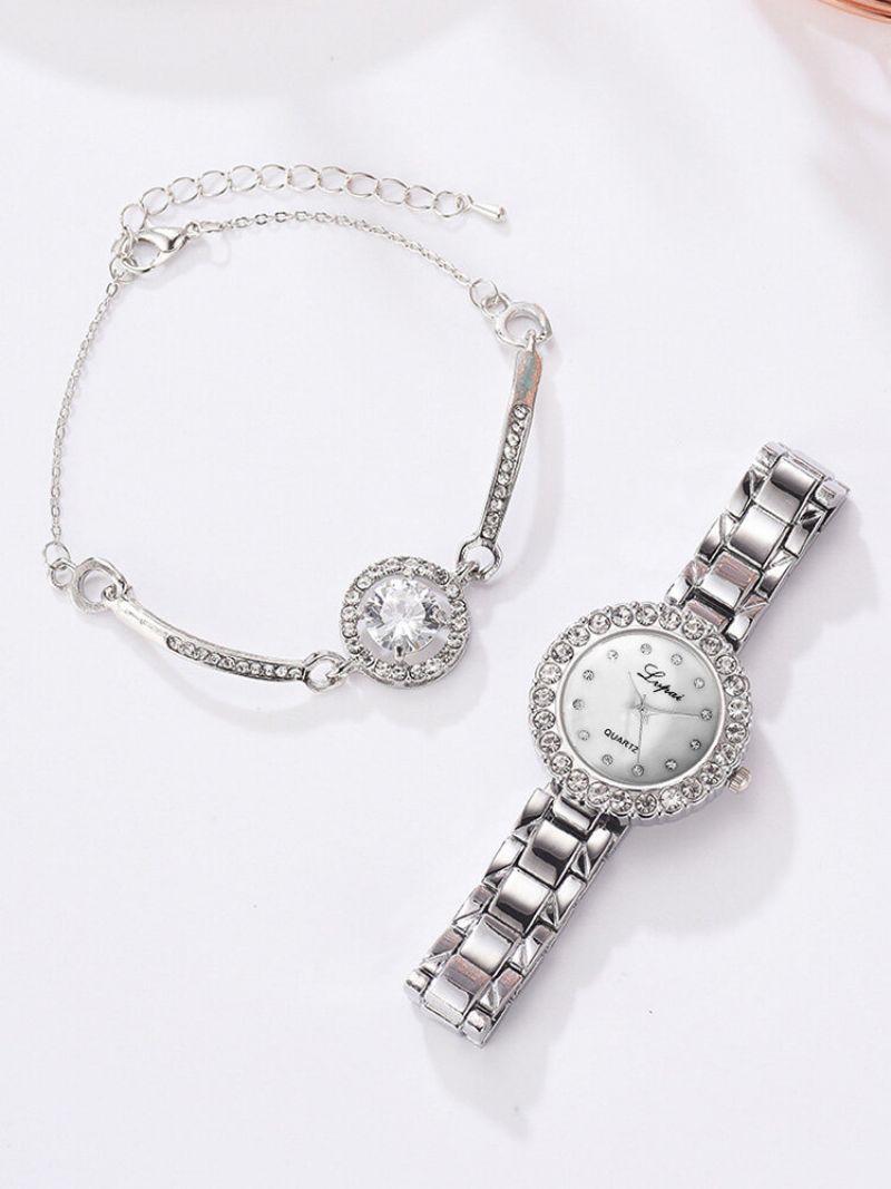 2 Stk/sett Dame Trendy Innlagt Rhinestone Liten Urskive Klokke Dekorert Pointer Quartz Watch Full Armbånd