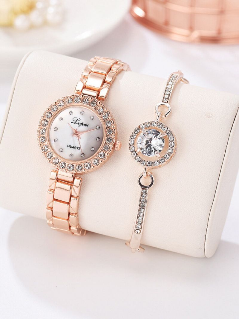 2 Stk/sett Dame Trendy Innlagt Rhinestone Liten Urskive Klokke Dekorert Pointer Quartz Watch Full Armbånd