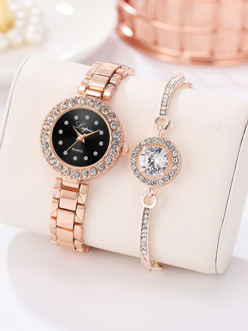 2 Stk/sett Dame Trendy Innlagt Rhinestone Liten Urskive Klokke Dekorert Pointer Quartz Watch Full Armbånd