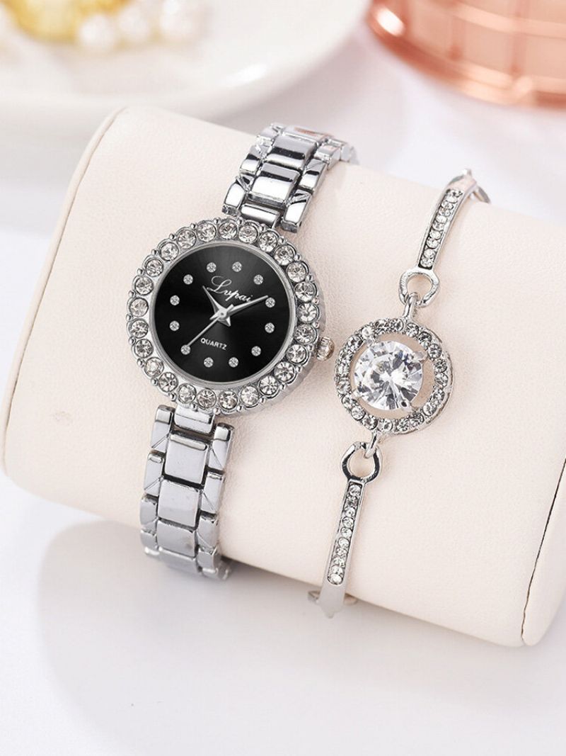 2 Stk/sett Dame Trendy Innlagt Rhinestone Liten Urskive Klokke Dekorert Pointer Quartz Watch Full Armbånd