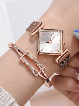 2 Stk/sett Legering Dame Vintage Rhombus Urskive Klokke Dekorert Pointer Quartz Watch Hule Innlagt Rhinestones Armbånd