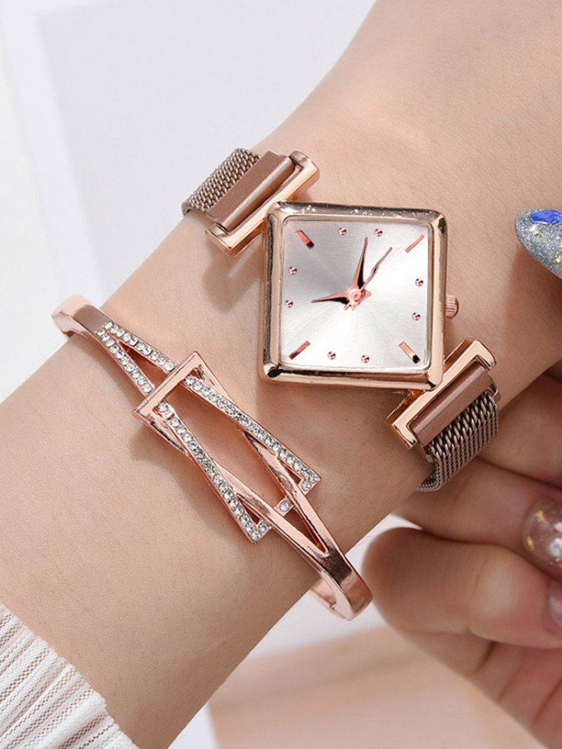 2 Stk/sett Legering Dame Vintage Rhombus Urskive Klokke Dekorert Pointer Quartz Watch Hule Innlagt Rhinestones Armbånd