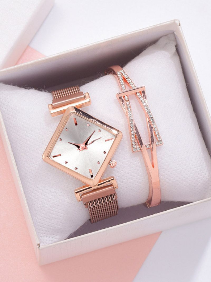 2 Stk/sett Legering Dame Vintage Rhombus Urskive Klokke Dekorert Pointer Quartz Watch Hule Innlagt Rhinestones Armbånd