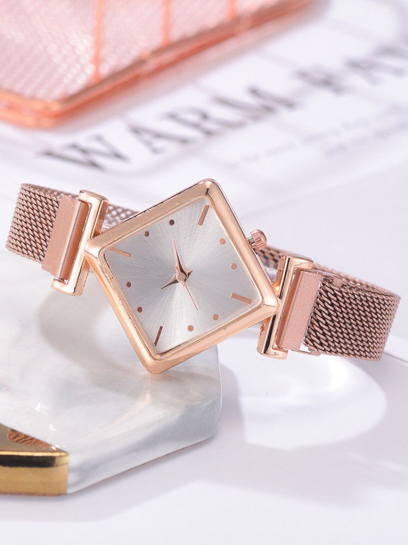 2 Stk/sett Legering Dame Vintage Rhombus Urskive Klokke Dekorert Pointer Quartz Watch Hule Innlagt Rhinestones Armbånd