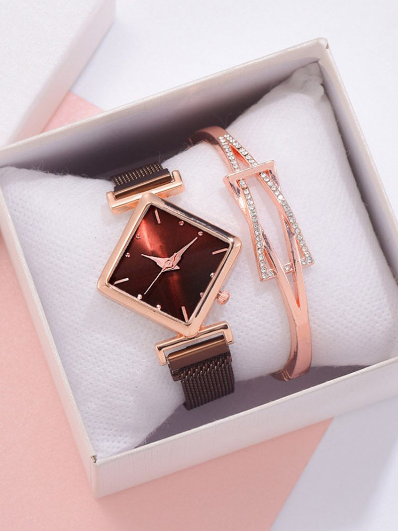 2 Stk/sett Legering Dame Vintage Rhombus Urskive Klokke Dekorert Pointer Quartz Watch Hule Innlagt Rhinestones Armbånd