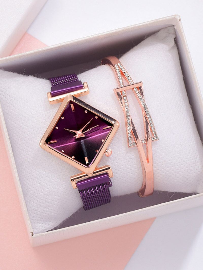 2 Stk/sett Legering Dame Vintage Rhombus Urskive Klokke Dekorert Pointer Quartz Watch Hule Innlagt Rhinestones Armbånd