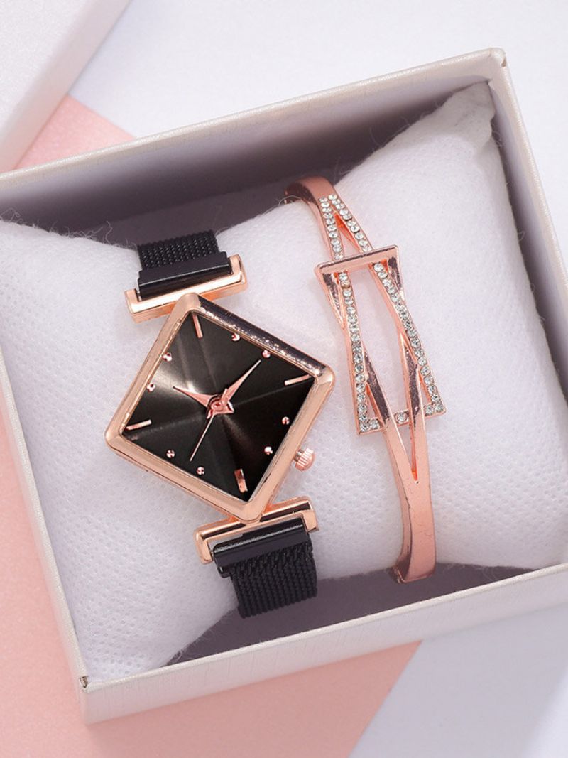 2 Stk/sett Legering Dame Vintage Rhombus Urskive Klokke Dekorert Pointer Quartz Watch Hule Innlagt Rhinestones Armbånd