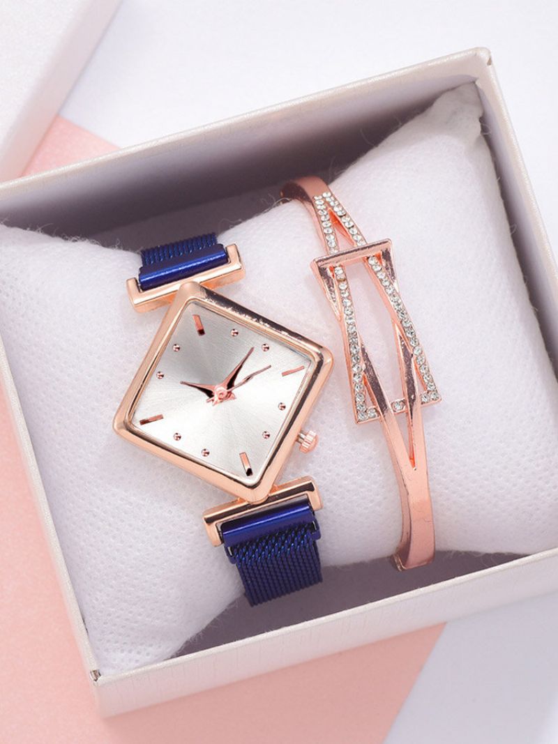 2 Stk/sett Legering Dame Vintage Rhombus Urskive Klokke Dekorert Pointer Quartz Watch Hule Innlagt Rhinestones Armbånd