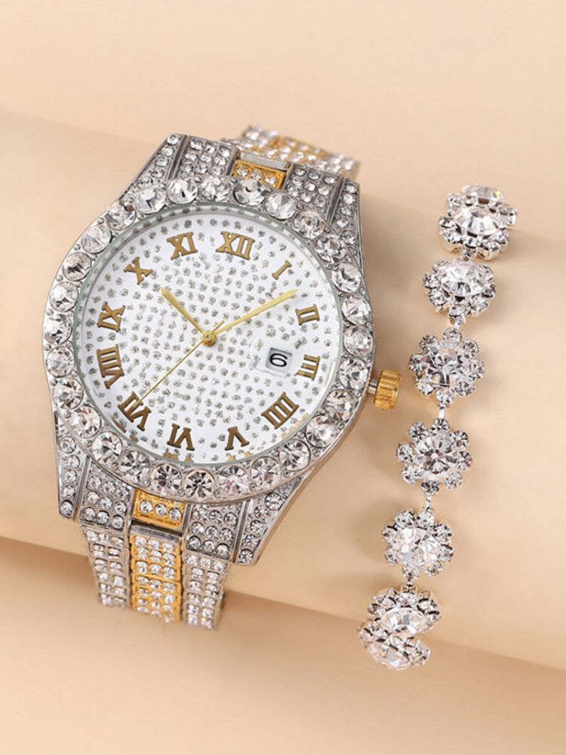 2 Stk/sett Legering Rhinestone Dame Fritidsklokke Dekorert Pointer Quartz Watch Armbånd