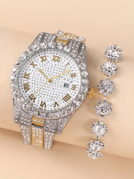 2 Stk/sett Legering Rhinestone Dame Fritidsklokke Dekorert Pointer Quartz Watch Armbånd