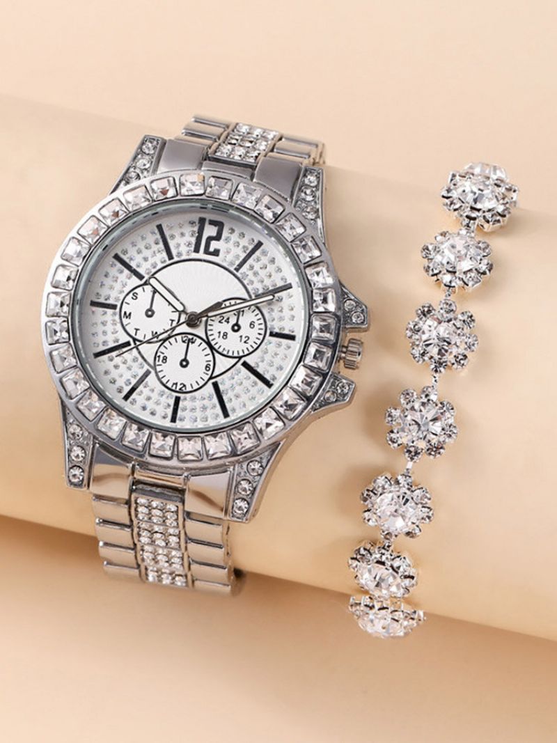 2 Stk/sett Legering Rhinestone Dame Fritidsklokke Dekorert Pointer Quartz Watch Armbånd