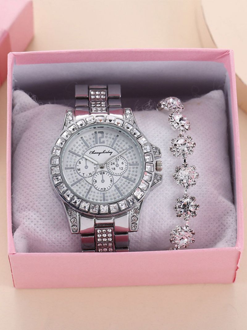 2 Stk/sett Legering Rhinestone Dame Fritidsklokke Dekorert Pointer Quartz Watch Armbånd