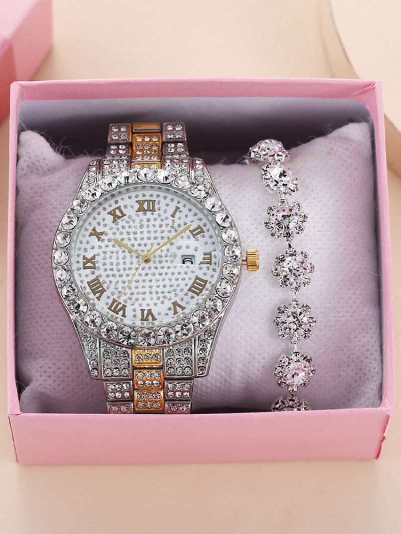 2 Stk/sett Legering Rhinestone Dame Fritidsklokke Dekorert Pointer Quartz Watch Armbånd