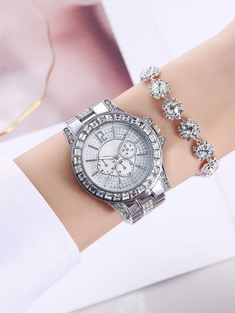 2 Stk/sett Legering Rhinestone Dame Fritidsklokke Dekorert Pointer Quartz Watch Armbånd