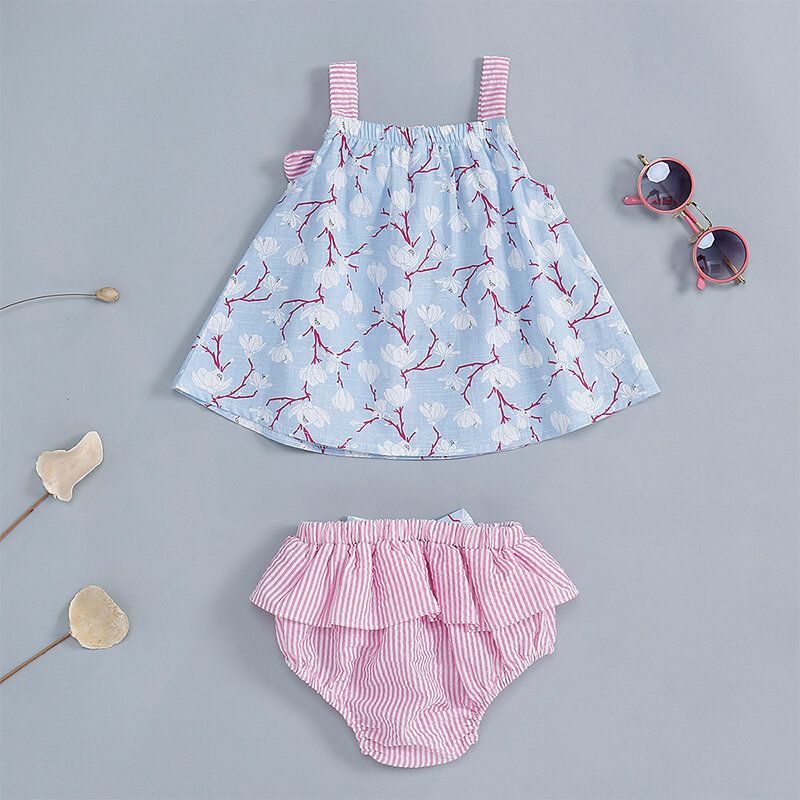 Baby Flower Striped Print Vest+shorts Uformelt Klessett For 6-24m