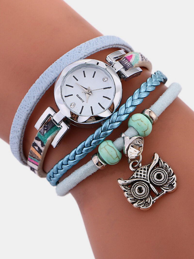 Bohemian Cute Owl Leather Armbåndsklokke Etnisk Metall Rhinestone Flerlags Armbåndsur