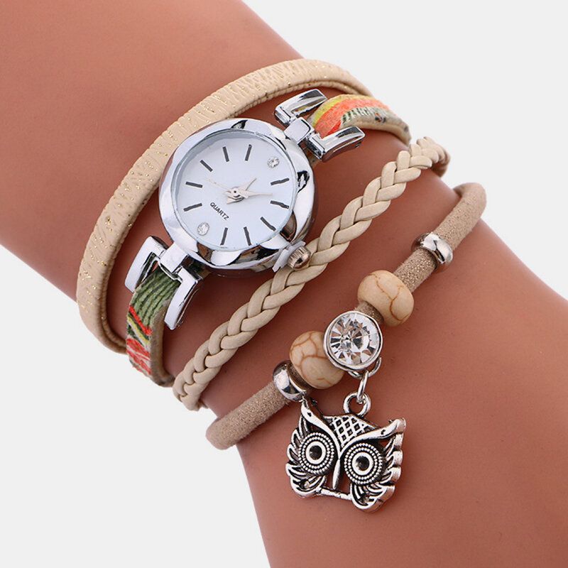 Bohemian Cute Owl Leather Armbåndsklokke Etnisk Metall Rhinestone Flerlags Armbåndsur