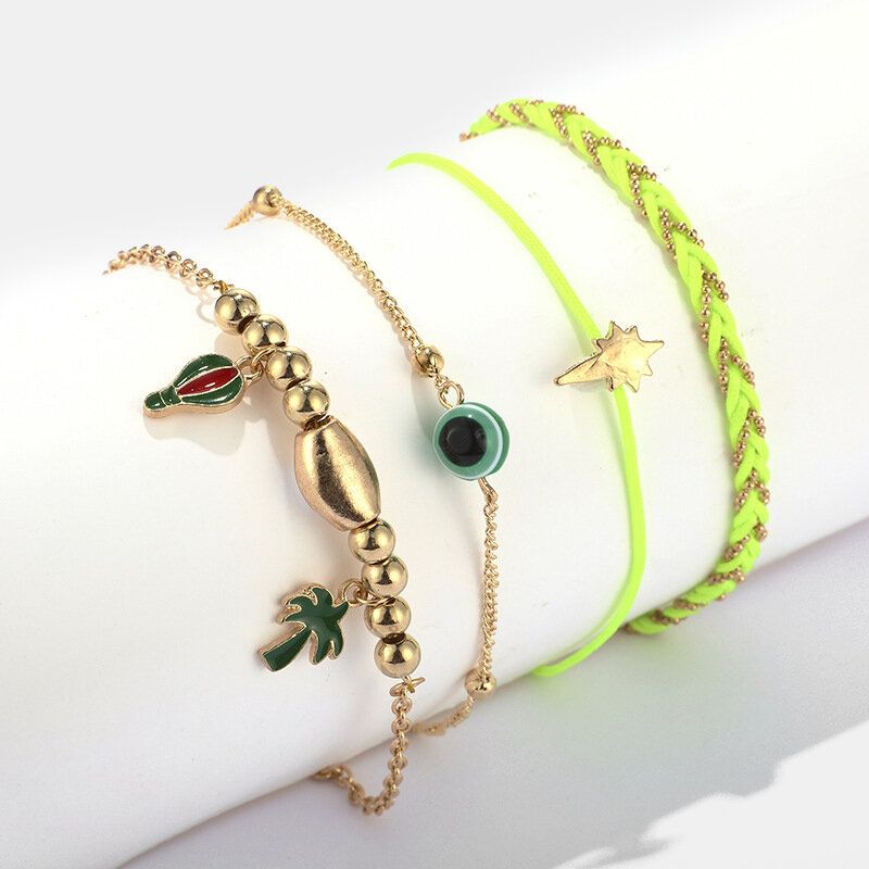 Bohemian Metal Cactus Coconut Tree Pendant Anklet Håndvevd Fluorescerende Grønn Flerlags