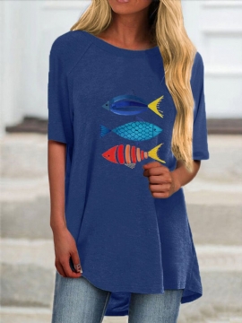 Cartoon Fish Print Kortermet Plus Size Casual T-skjorte