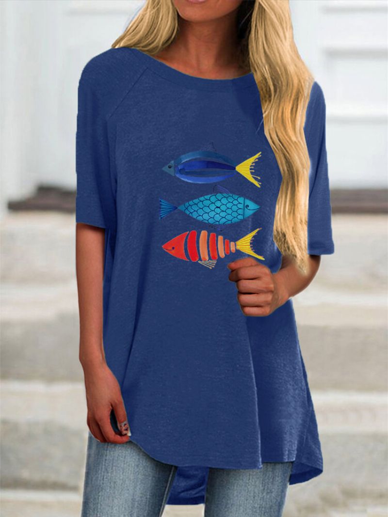 Cartoon Fish Print Kortermet Plus Size Casual T-skjorte