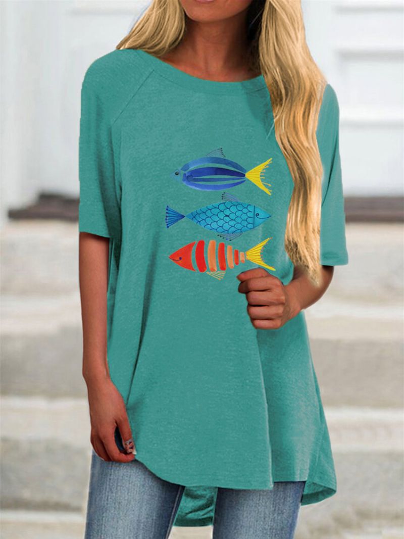 Cartoon Fish Print Kortermet Plus Size Casual T-skjorte