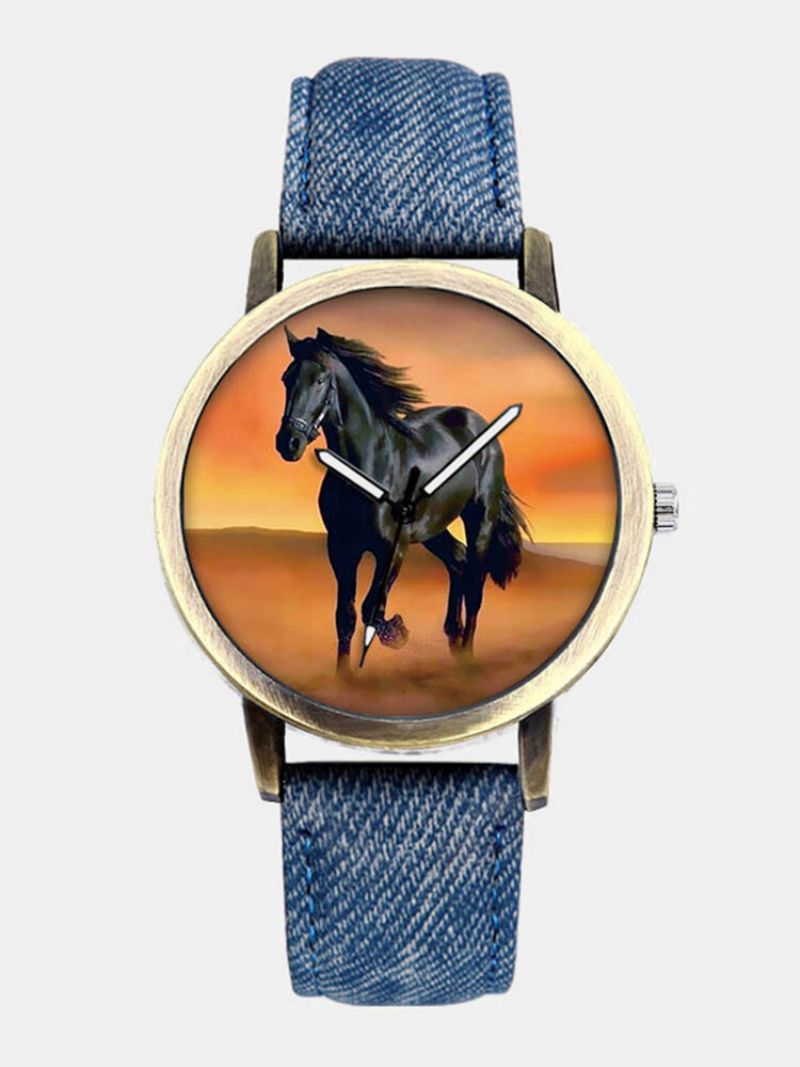 Casual All-match Denim Strap Men Watch Black Horse Desert Dial Kvinner Quartz