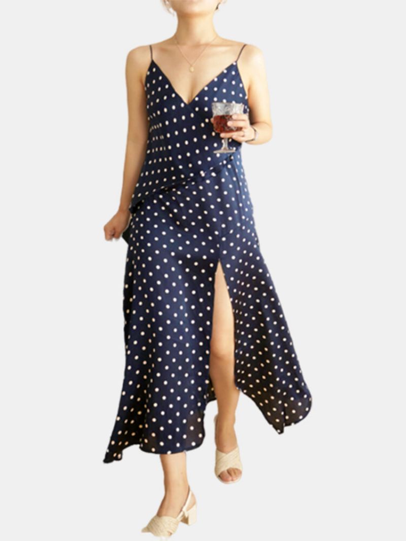 Chiffon Polka Dot Spaghetti Straps Plus Size Split Dress