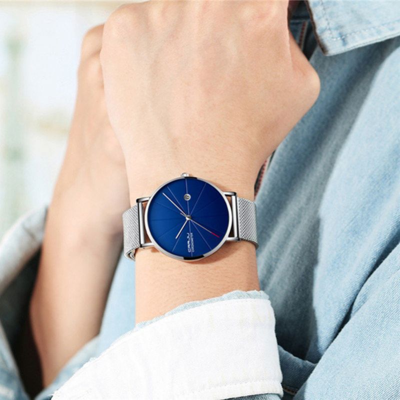 Crrju Unisex Ultra Thin Minimalist Watches Classic Date Rustfritt Stål Mesh Strap Business-klokker