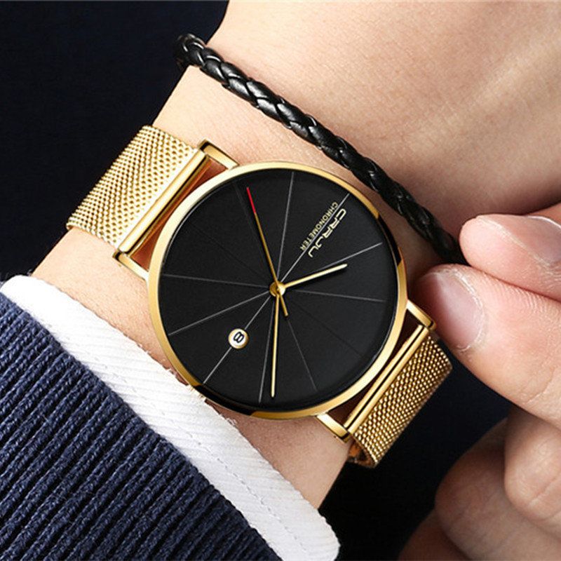 Crrju Unisex Ultra Thin Minimalist Watches Classic Date Rustfritt Stål Mesh Strap Business-klokker