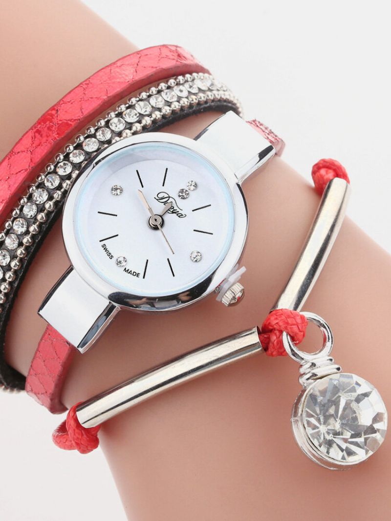 Crystal Anheng Kvinner Armbånd Watch Retro Stil Lærreim Quartz