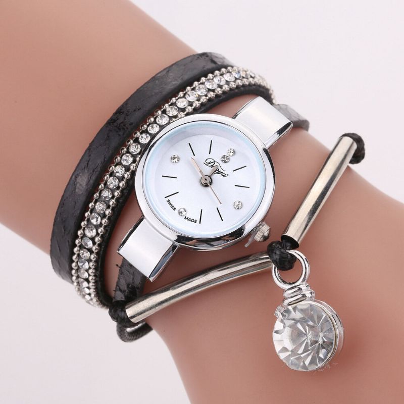 Crystal Anheng Kvinner Armbånd Watch Retro Stil Lærreim Quartz