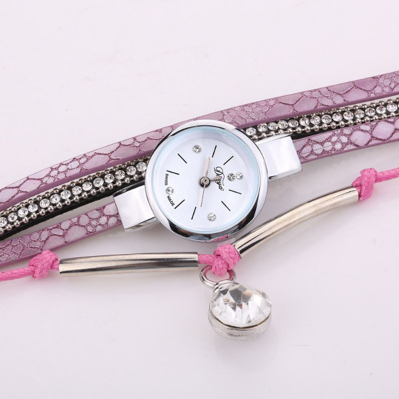 Crystal Anheng Kvinner Armbånd Watch Retro Stil Lærreim Quartz