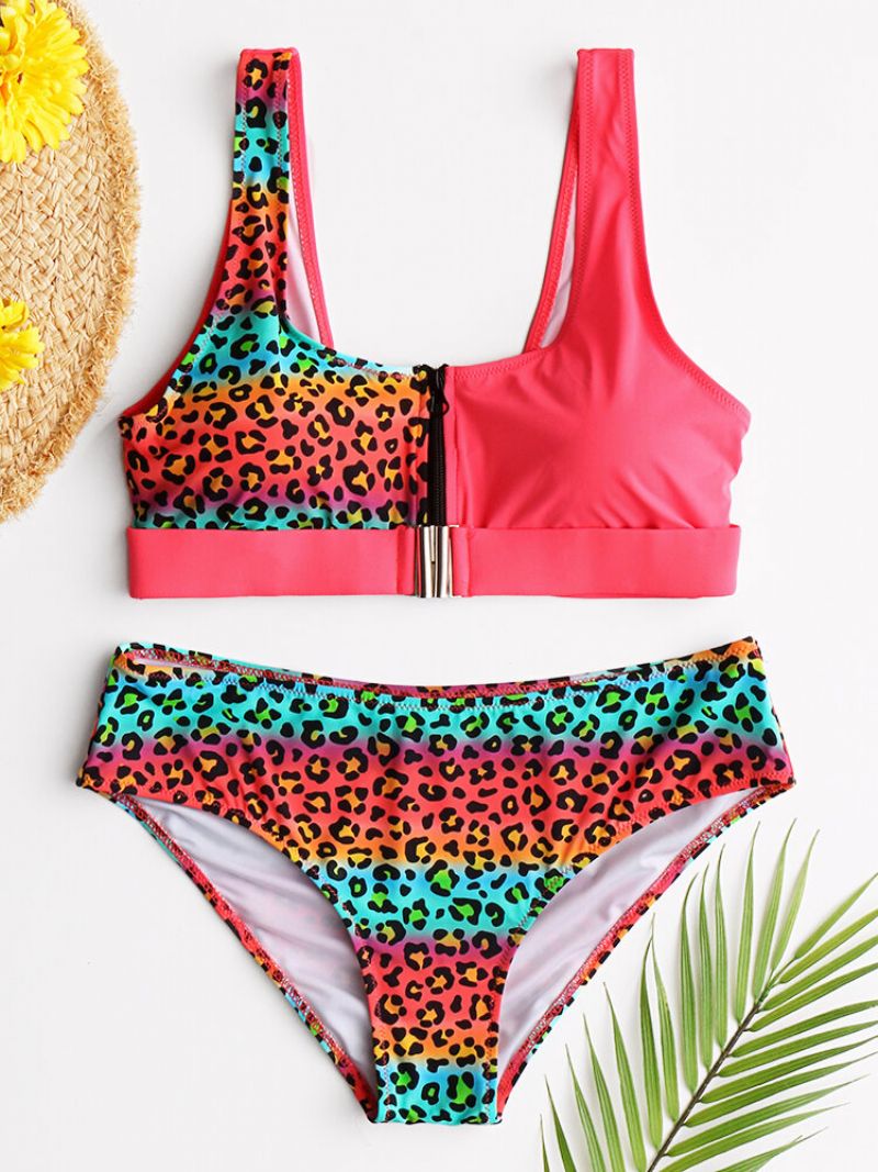 Damevest Bikini Leopard Patchwork Frontspenne Glidelås Sexy Badetøy