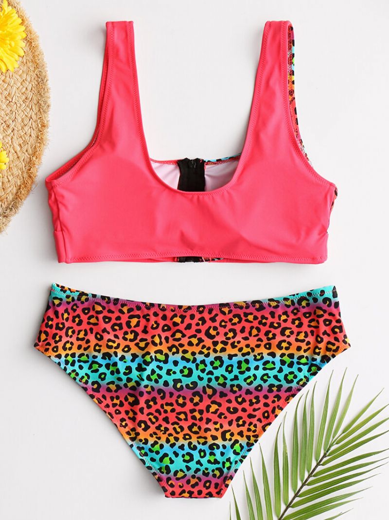 Damevest Bikini Leopard Patchwork Frontspenne Glidelås Sexy Badetøy