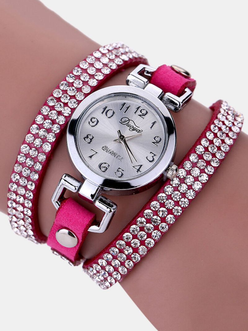 Duoya Fashion Round Dial Armbåndsur Full Rhinestones Armbånd Klokker Flerlags Skinn Dameklokker