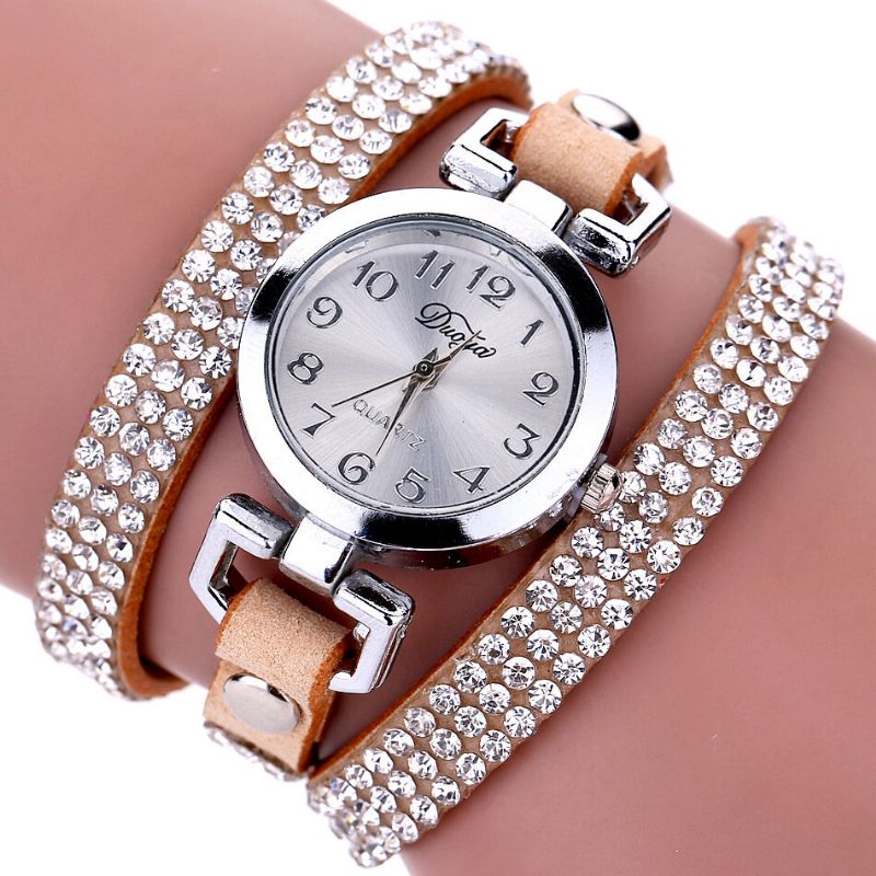 Duoya Fashion Round Dial Armbåndsur Full Rhinestones Armbånd Klokker Flerlags Skinn Dameklokker