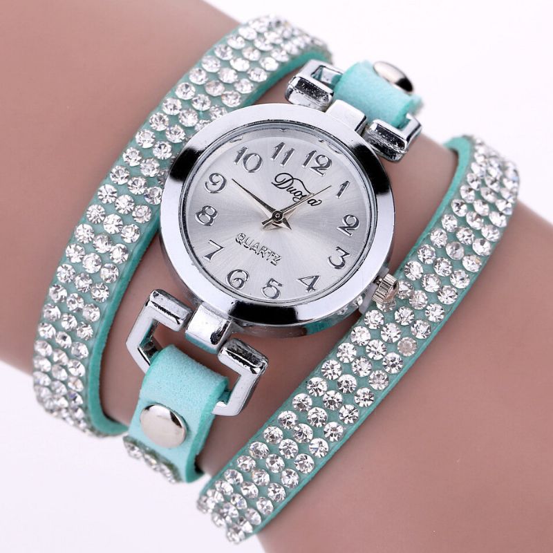 Duoya Fashion Round Dial Armbåndsur Full Rhinestones Armbånd Klokker Flerlags Skinn Dameklokker