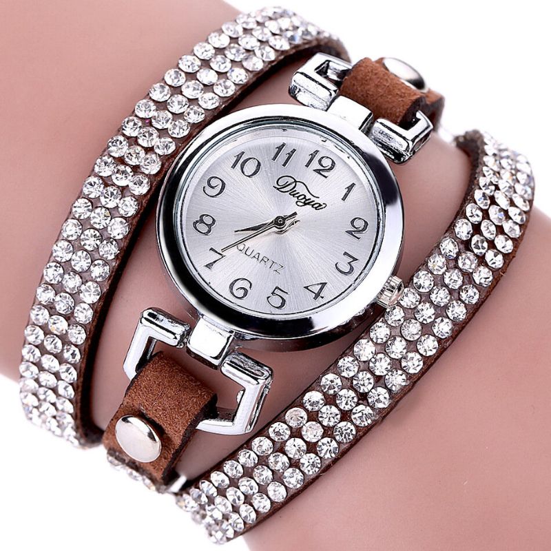 Duoya Fashion Round Dial Armbåndsur Full Rhinestones Armbånd Klokker Flerlags Skinn Dameklokker