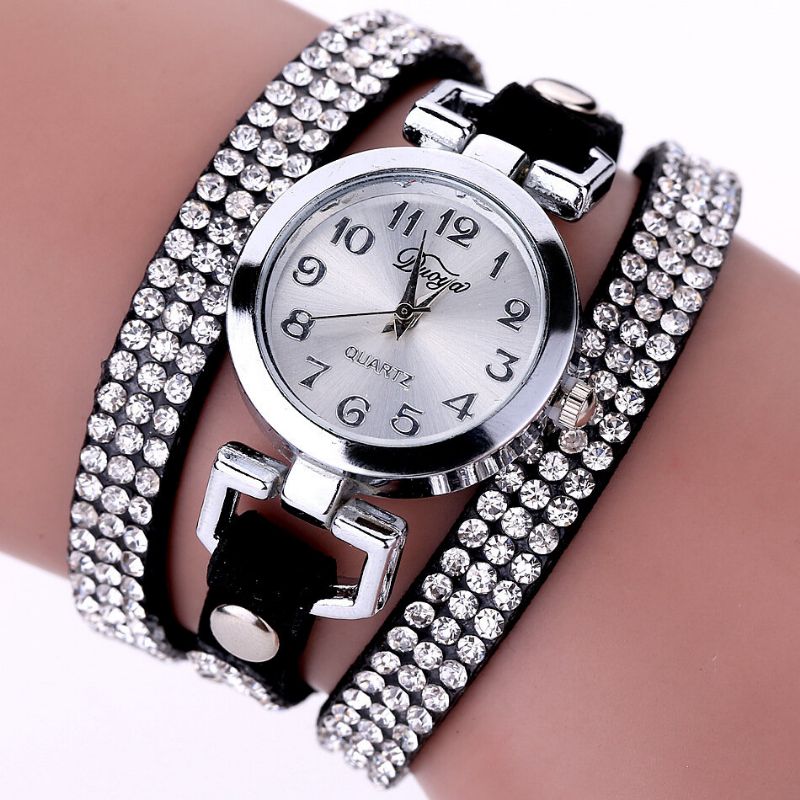 Duoya Fashion Round Dial Armbåndsur Full Rhinestones Armbånd Klokker Flerlags Skinn Dameklokker