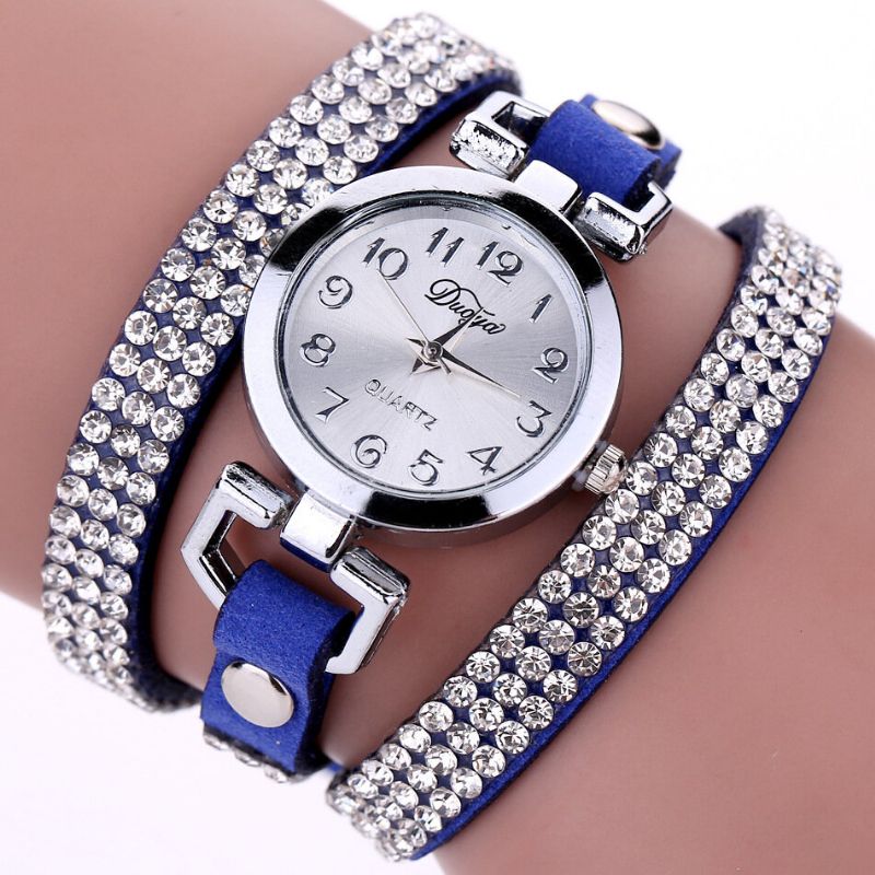 Duoya Fashion Round Dial Armbåndsur Full Rhinestones Armbånd Klokker Flerlags Skinn Dameklokker