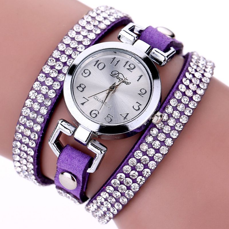 Duoya Fashion Round Dial Armbåndsur Full Rhinestones Armbånd Klokker Flerlags Skinn Dameklokker