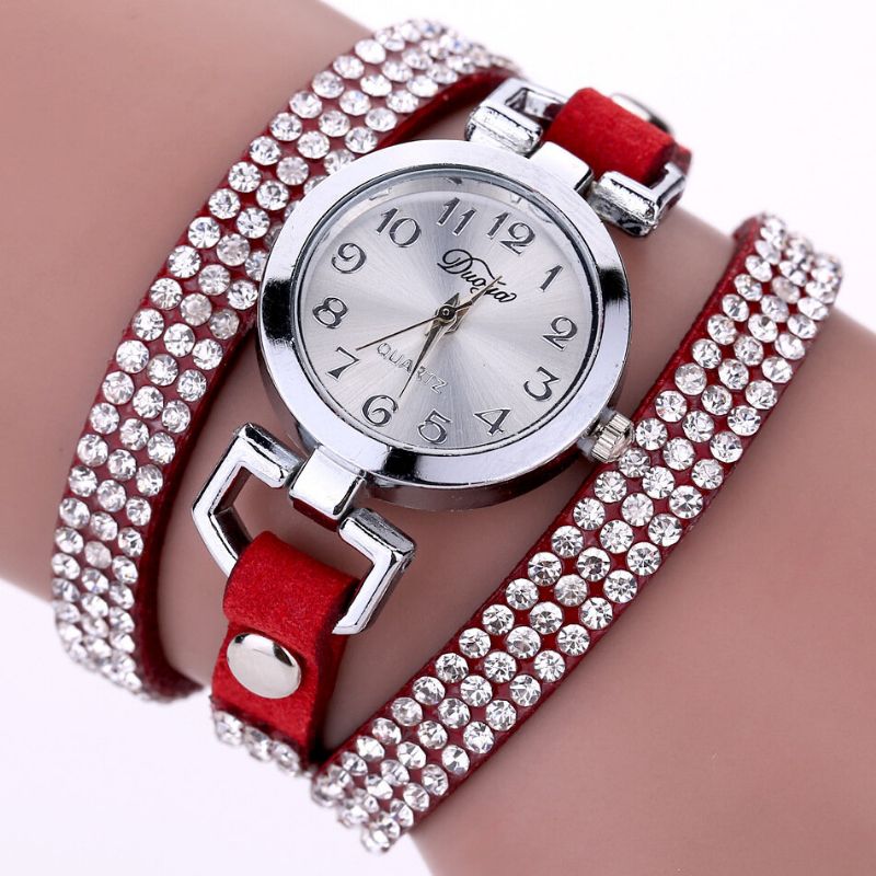 Duoya Fashion Round Dial Armbåndsur Full Rhinestones Armbånd Klokker Flerlags Skinn Dameklokker