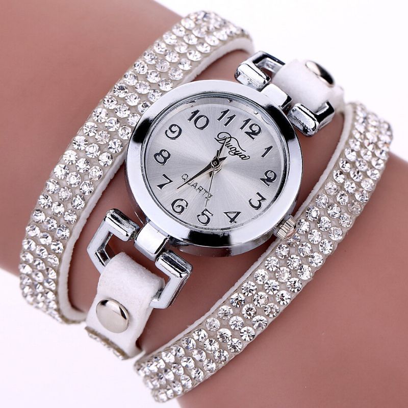 Duoya Fashion Round Dial Armbåndsur Full Rhinestones Armbånd Klokker Flerlags Skinn Dameklokker