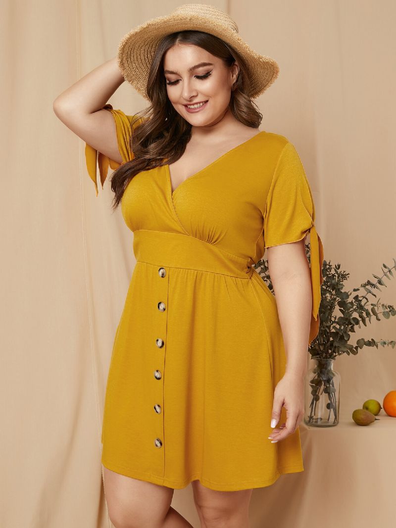 Ensfarget Knapp Med Knepet Plus Size Casual Midi-kjole