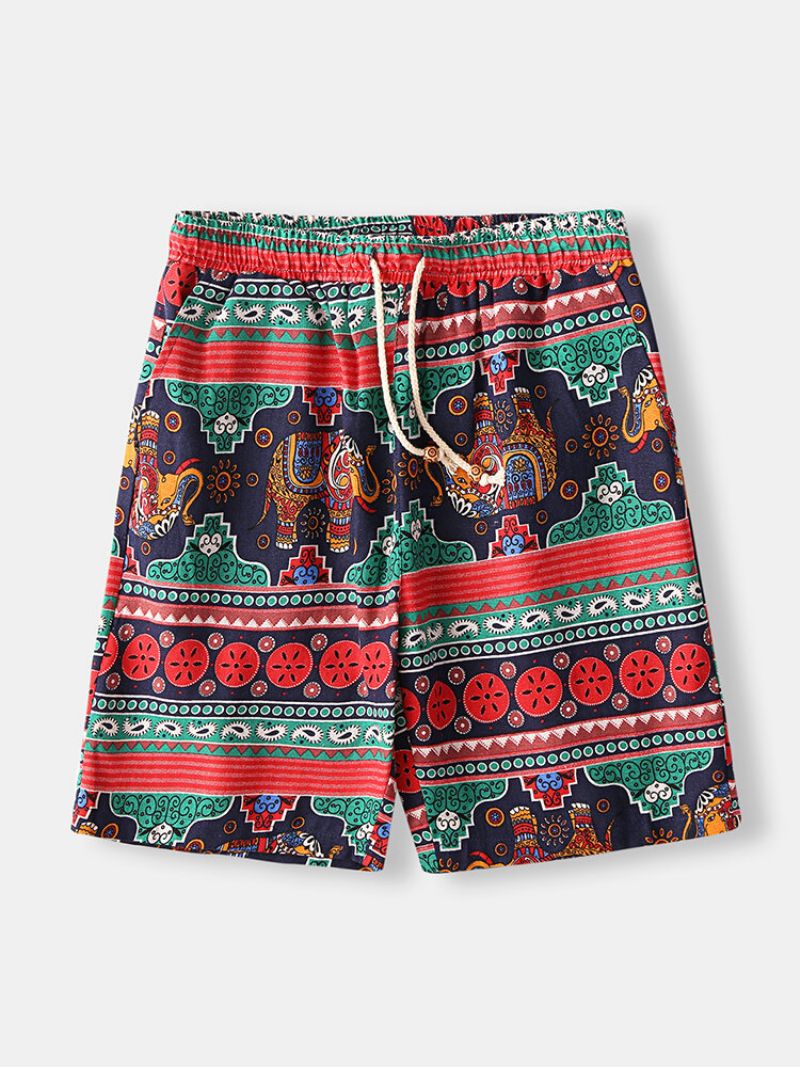 Etnisk Stil Bomullslinshorts Tribal Totemmønsterutskrift Med Snøring Strandshorts For Menn