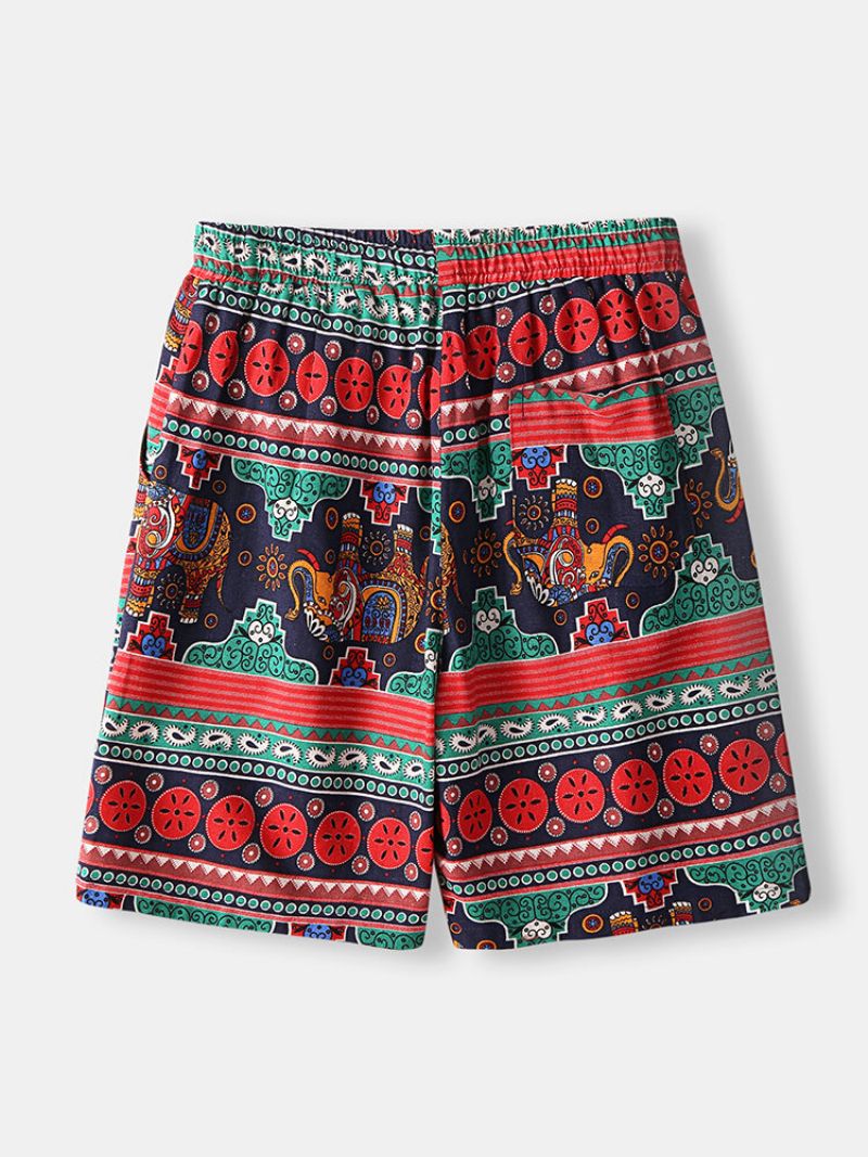 Etnisk Stil Bomullslinshorts Tribal Totemmønsterutskrift Med Snøring Strandshorts For Menn