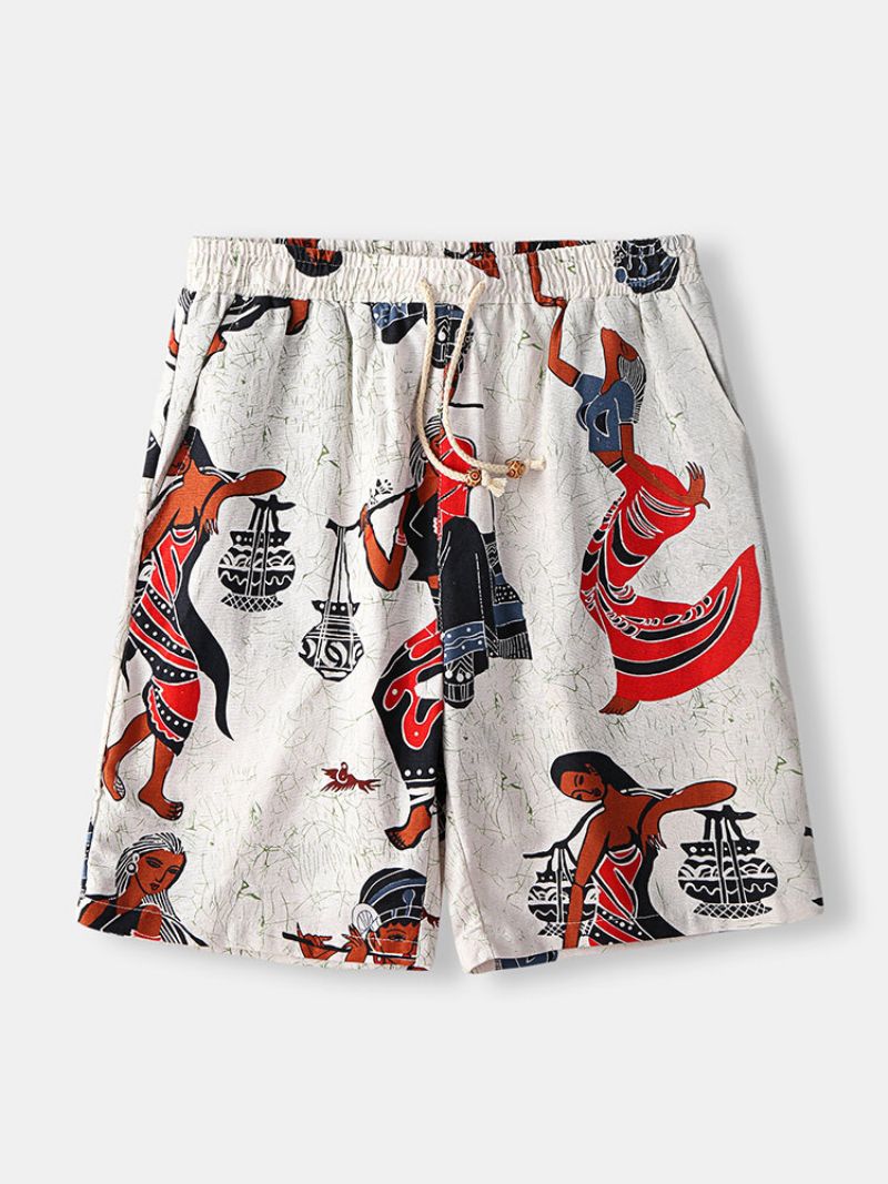 Etnisk Stil Bomullslinshorts Tribal Totemmønsterutskrift Med Snøring Strandshorts For Menn