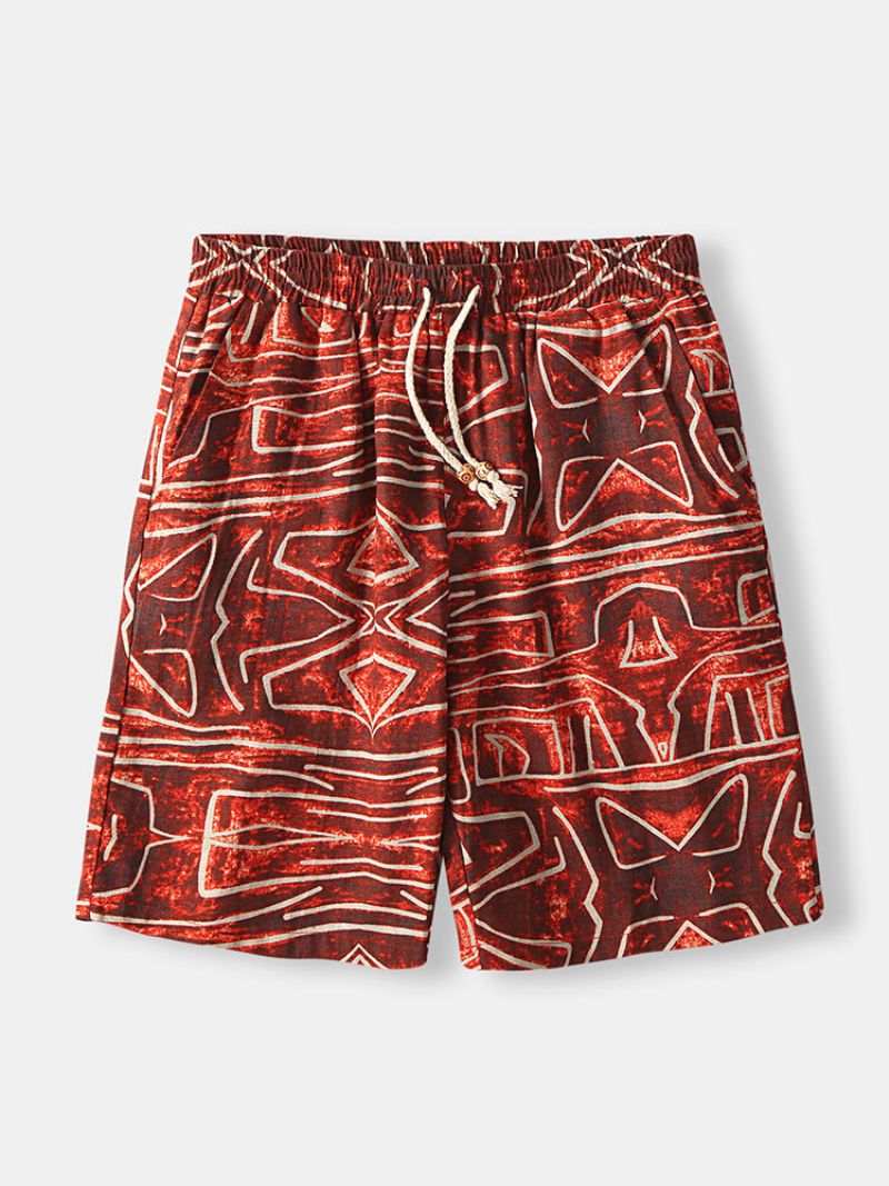 Etnisk Stil Bomullslinshorts Tribal Totemmønsterutskrift Med Snøring Strandshorts For Menn