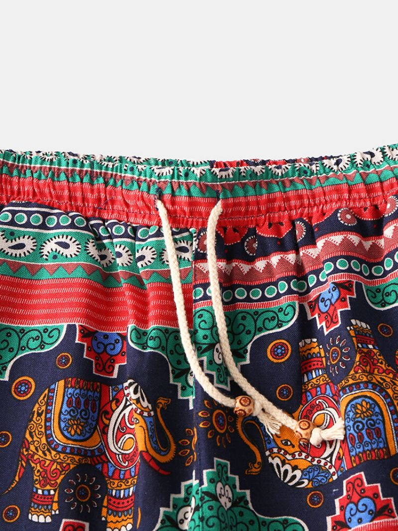 Etnisk Stil Bomullslinshorts Tribal Totemmønsterutskrift Med Snøring Strandshorts For Menn