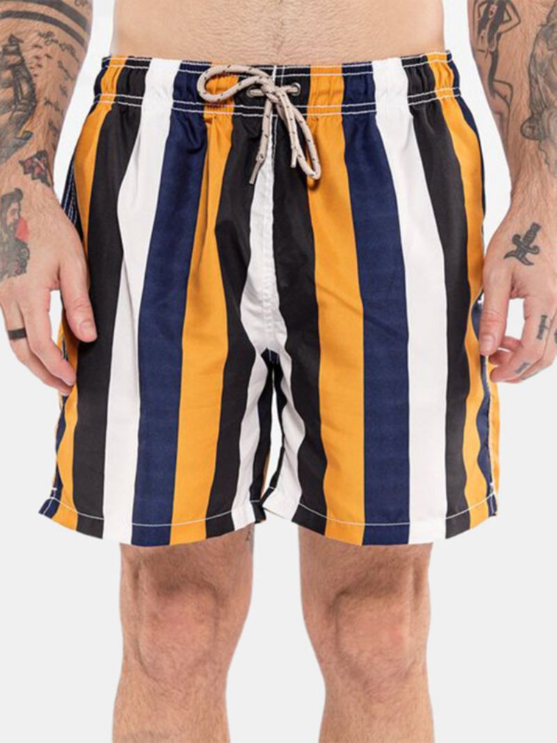 Fargerike Stripeshorts For Menn Hurtigtørkende Nettingfôr Middels Lengde Badebukse For Strandferie Med Flere Lommer